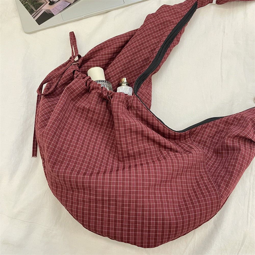 Retro Plaid Hobos Messenger Bags for Women Drawstring Pocket Nylon Dumpling Bag Large Capacity Portable Travel Shoulder Bags