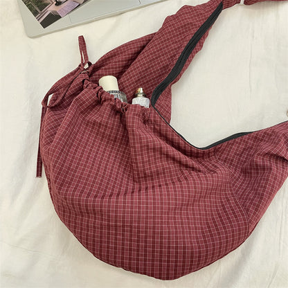 Retro Plaid Hobos Messenger Bags for Women Drawstring Pocket Nylon Dumpling Bag Large Capacity Portable Travel Shoulder Bags