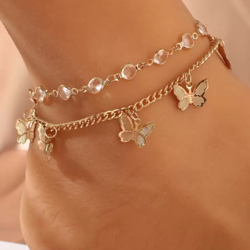 European and American Cross-border Hot Jewelry Rhinestone Butterfly Pendant Double-layer anklet Women's Simple Fashion Foot Jewelry Fashion Accessories