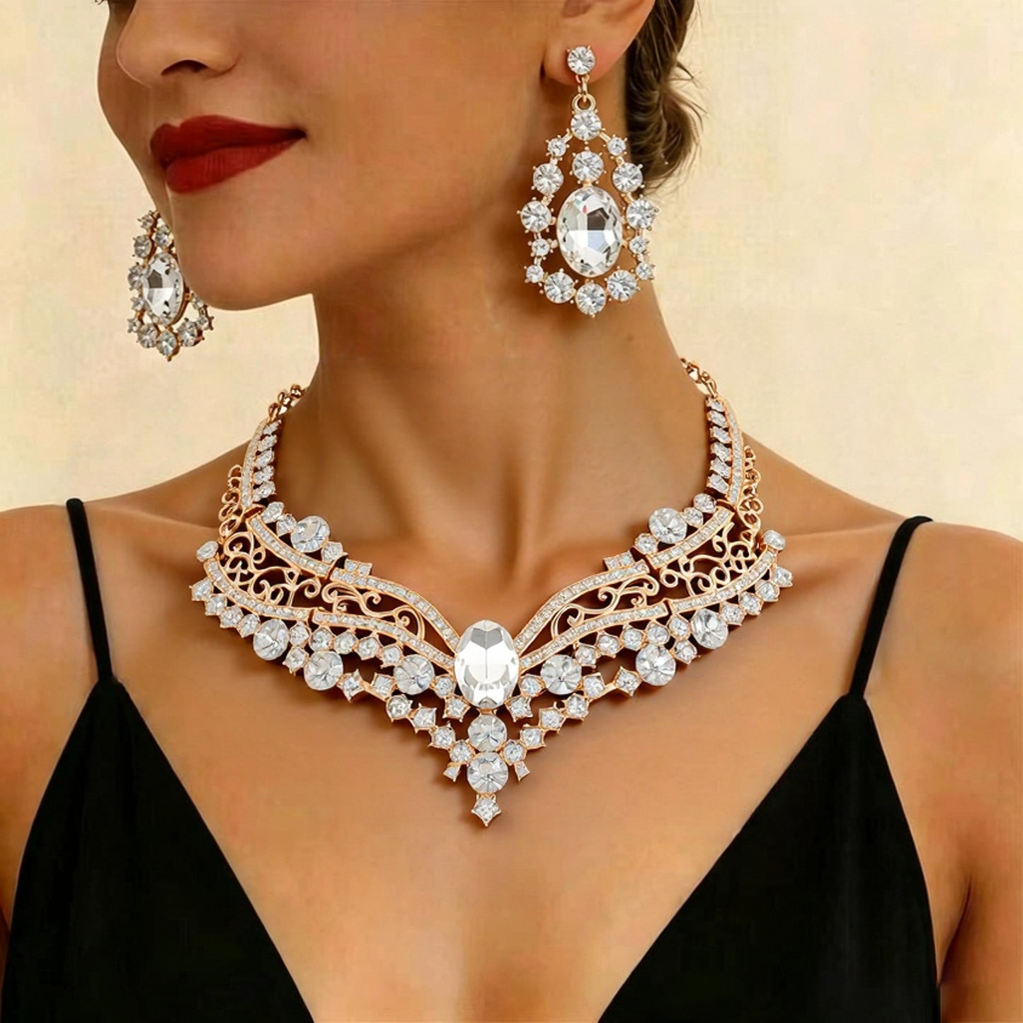 European and American Export Jewelry Bridal Jewelry Accessories Necklace Earrings Set Live Performance Crystal V-Shaped Clavicle Chain for Women