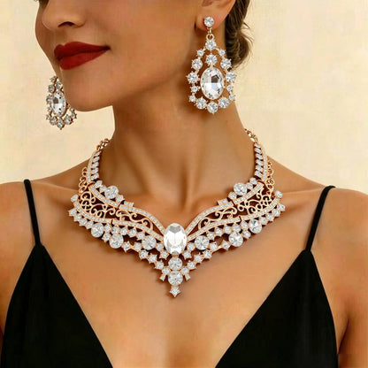 European and American Export Jewelry Bridal Jewelry Accessories Necklace Earrings Set Live Performance Crystal V-Shaped Clavicle Chain for Women