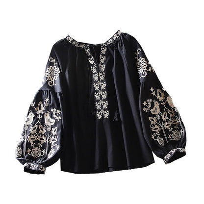 European Station Fashion Ethnic Style Lantern Sleeve Cotton Linen Long Sleeve Heavy Industry Embroidered Loose Casual Shirt Women's Autumn Top