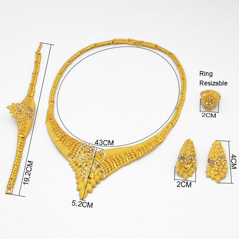 24K Gold Dubai Explosions Bride Four-piece Flower Rhinestone Jewelry Alloy Necklace Bracelet Earrings Ring