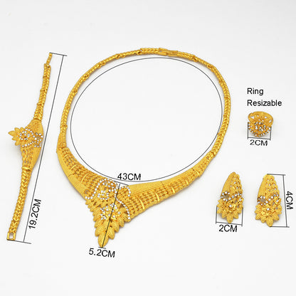 24K Gold Dubai Explosions Bride Four-piece Flower Rhinestone Jewelry Alloy Necklace Bracelet Earrings Ring