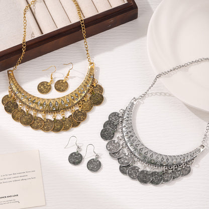 European and American Retro Fashion Golden Roman Coin Tassel Necklace Bohemian Ethnic Style Clavicle Chain Jewelry suit