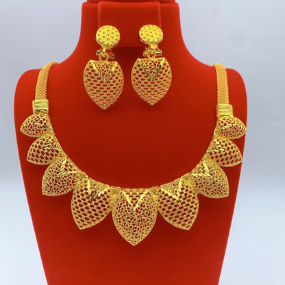 Imitation gold flower necklace earrings suit Dubai India Nigeria brass gold plated women wedding jewelry lot