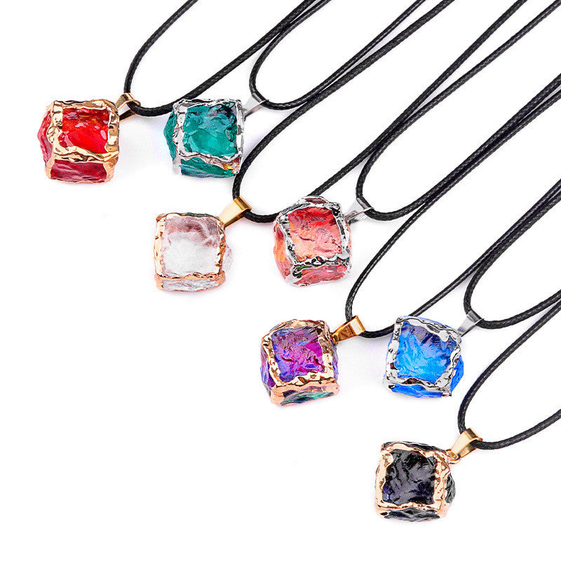 Imitation Crystal Rough Stone Square Electroplated Colorful Pendant Artificial Crystal Sugar Cube Necklace DIY Jewelry Pendant