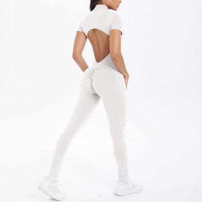 Sexy Backless Bodycon Scrunch Jumpsuit Raises Butt Women Dance Fitness Overalls Push Up  With Chest Cushion Yoga Sport Jump Suit