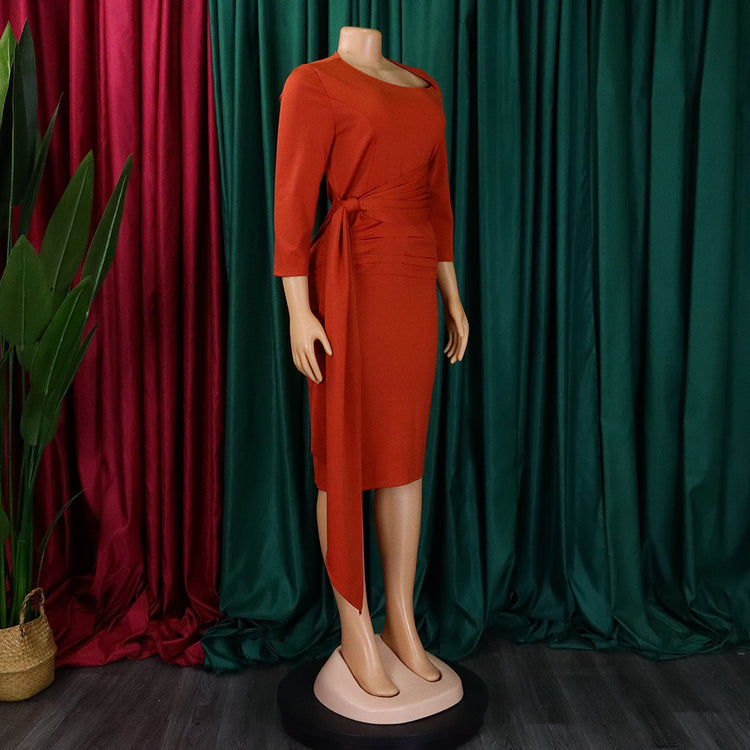 D3168 European and American Clothing Summer Office Dress Three-Quarter Sleeve Pleated Strap Professional Large Size African Dress