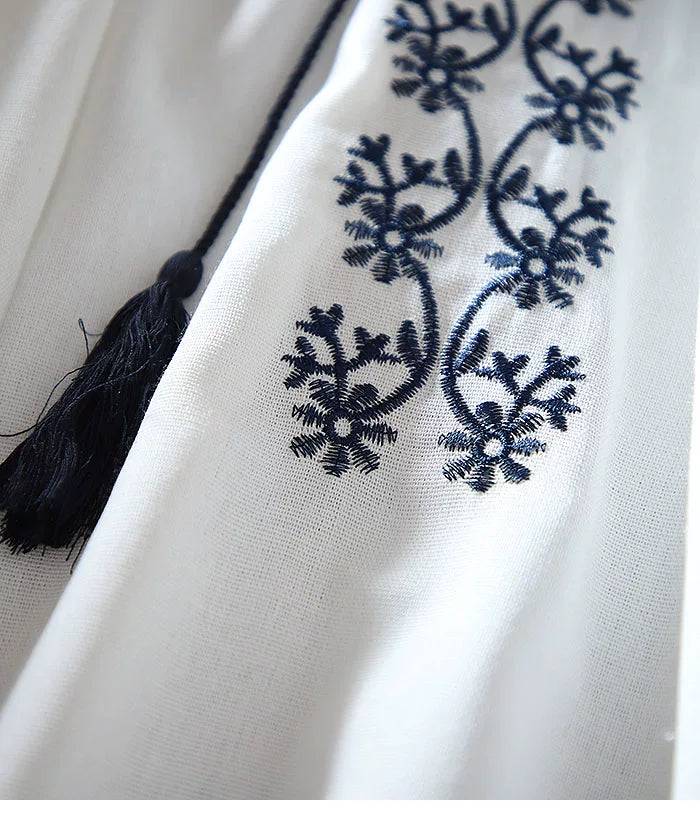 European Station Fashion Ethnic Style Lantern Sleeve Cotton Linen Long Sleeve Heavy Industry Embroidered Loose Casual Shirt Women's Autumn Top