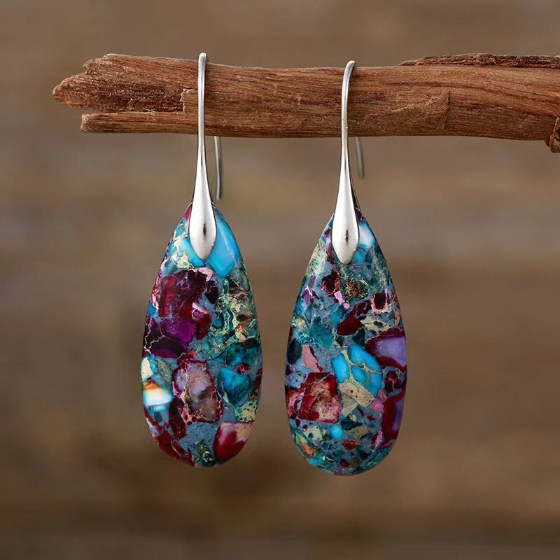 European and American Bohemian Emperor Stone Water Drop Pendant Earrings Natural Stone Independent Brand Jewelry Geometric Saturn