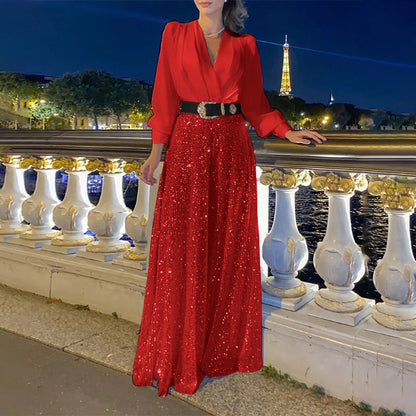 2025 Dress Women's Spring & Fall High-End V Neck Long-Sleeved Shirt Elegant Waist Sequin French Wide-Leg Pants