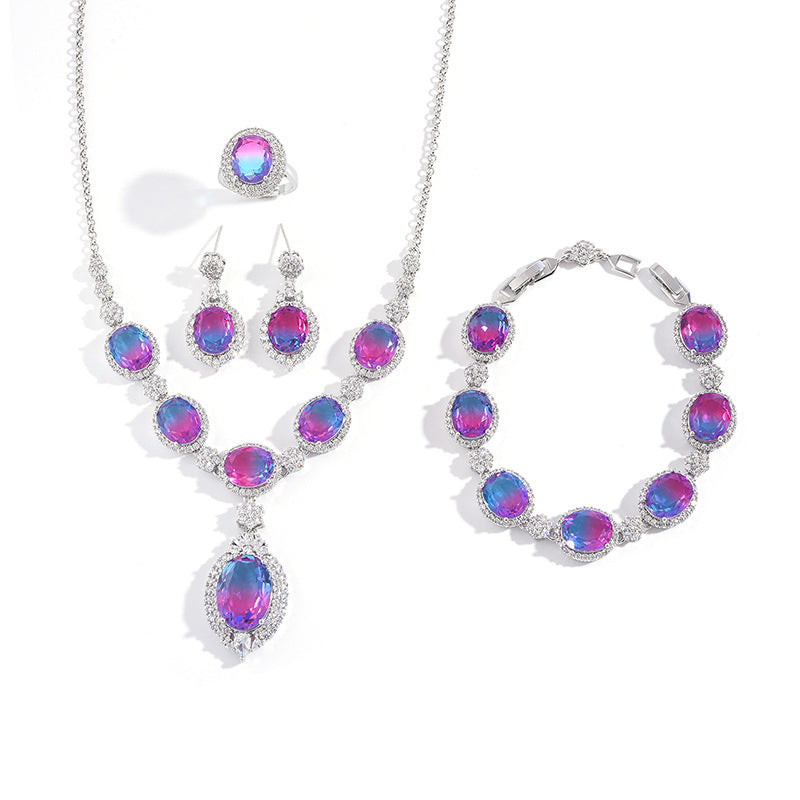 European and American fashion four-piece jewelry caibao zircon necklace suit high temperament earrings jewelry suit multicolor