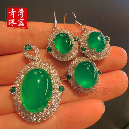 New Chinese Style Chrysoprase Pendant Ring Earrings Jade Pendant Jewelry Three-Piece Set Simple Retro Agate Inlay