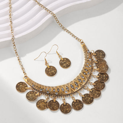 European and American Retro Fashion Golden Roman Coin Tassel Necklace Bohemian Ethnic Style Clavicle Chain Jewelry suit