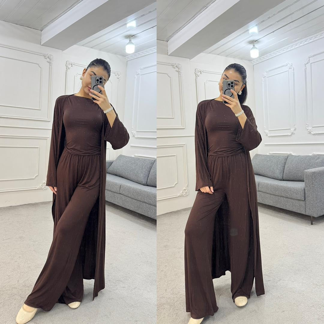 Women Cardigan Vest Wide Leg Pants 3 Piece Sets Top Long Coat Trousers Suit Office Lady Ensemble Spring Summer 2026 Outfits