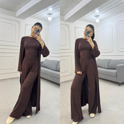 Women Cardigan Vest Wide Leg Pants 3 Piece Sets Top Long Coat Trousers Suit Office Lady Ensemble Spring Summer 2026 Outfits