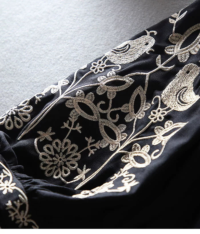 European Station Fashion Ethnic Style Lantern Sleeve Cotton Linen Long Sleeve Heavy Industry Embroidered Loose Casual Shirt Women's Autumn Top