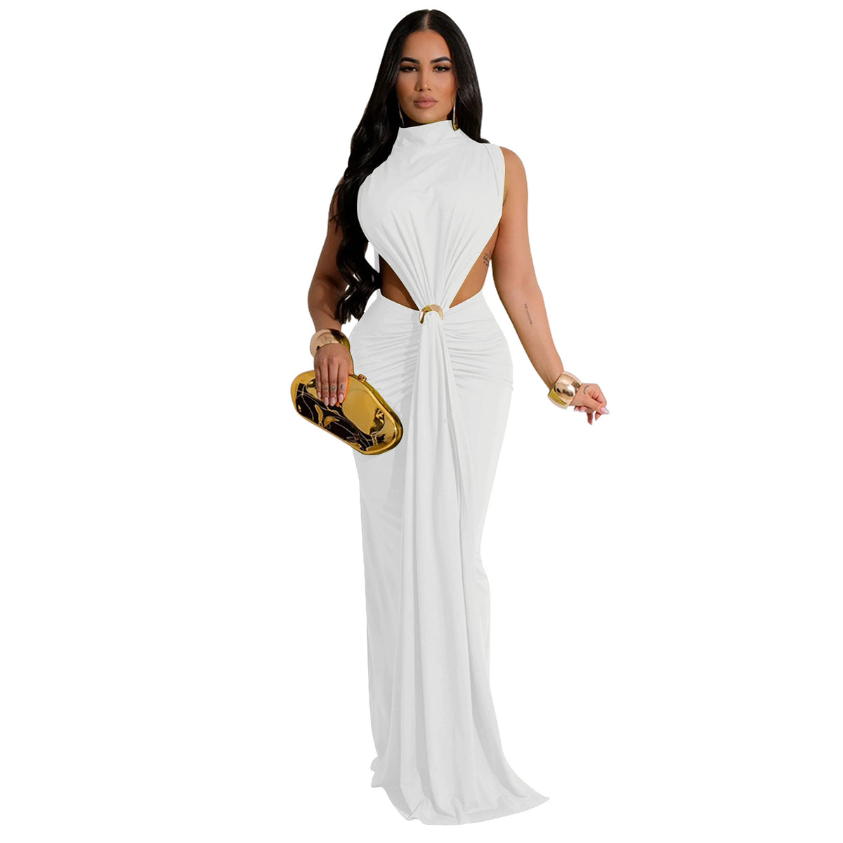CM.YAYA Women O-neck High Split Ruched Stacked Bodycon Midi Maxi Dress 2024 Evening Party Club Vestidos Sexy Chic Long Dresses