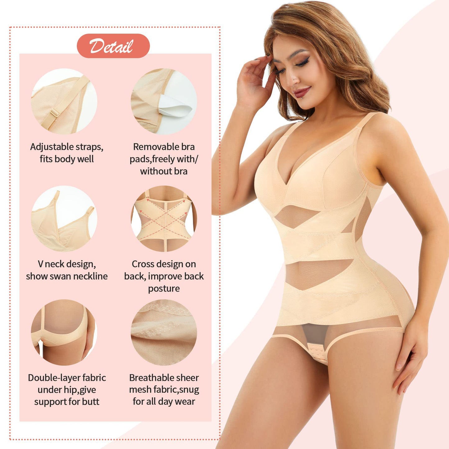 Hot Selling Body Shaping One-Body Shaping One-Body Shaping Sling V-Neck Cup Mesh Waist Plastic Breathable Sports Body Shaping One-Body Shaping One-Body Shaping