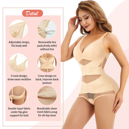 Hot Selling Body Shaping One-Body Shaping One-Body Shaping Sling V-Neck Cup Mesh Waist Plastic Breathable Sports Body Shaping One-Body Shaping One-Body Shaping