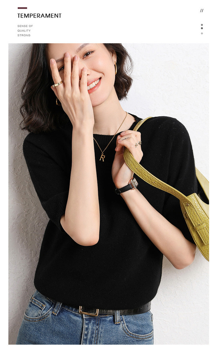 2025 Spring and Summer New Style Knitted Short-Sleeved Women's Round Neck Bottoming Knitted Pullover Half-Sleeved Sweater Loose Bottoming Sweater