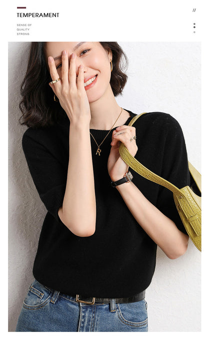 2025 Spring and Summer New Style Knitted Short-Sleeved Women's Round Neck Bottoming Knitted Pullover Half-Sleeved Sweater Loose Bottoming Sweater