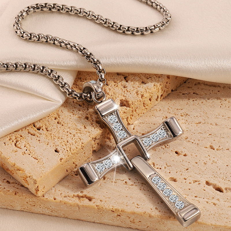 Cross-Border New Hot-Selling Fashion Personality Hip-Hop Stainless Steel Diamond Cross Pendant Necklace High-End Versatile Jewelry