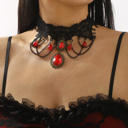 European and American Cross-Border Jewelry Gothic Style Halloween Cross Gemstone Necklace Niche Lace Tassel Necklace Accessories