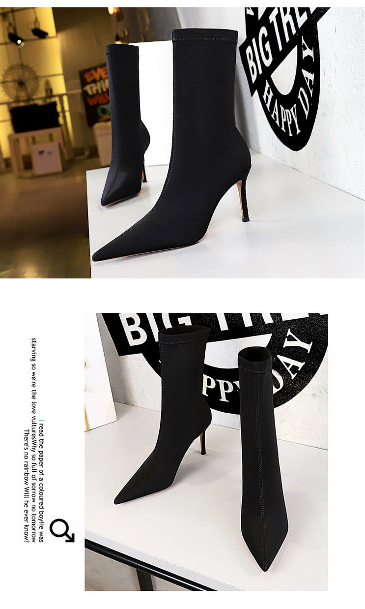 BIGTREE Shoes Stiletto Sexy Elastic Boots Women Shoes Sexy Stretch Fabric Ankle Boots Pointed Tip High Heels Boots Plus Size 43