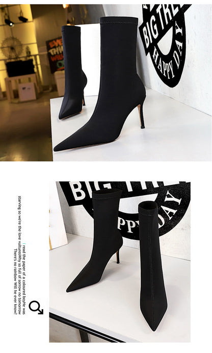 BIGTREE Shoes Stiletto Sexy Elastic Boots Women Shoes Sexy Stretch Fabric Ankle Boots Pointed Tip High Heels Boots Plus Size 43