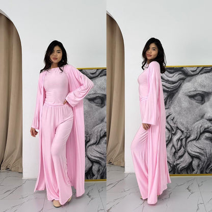 Women Cardigan Vest Wide Leg Pants 3 Piece Sets Top Long Coat Trousers Suit Office Lady Ensemble Spring Summer 2026 Outfits