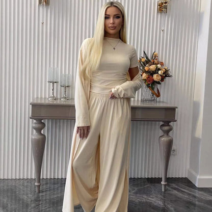 Women Cardigan Vest Wide Leg Pants 3 Piece Sets Top Long Coat Trousers Suit Office Lady Ensemble Spring Summer 2026 Outfits