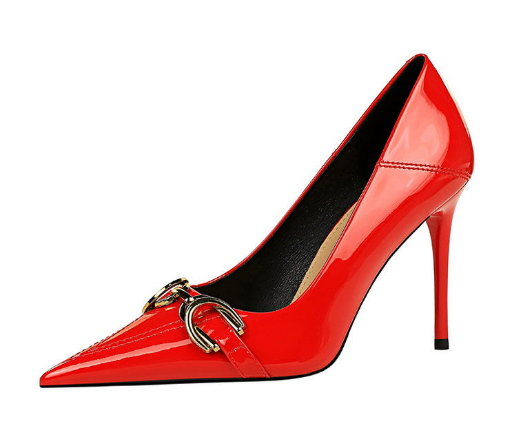 Luxury Women Pumps Metal Belt Buckle High Heels Patent Leather Women Heels Stilettos Career OL Office Shoes Plus Size 41 42 43