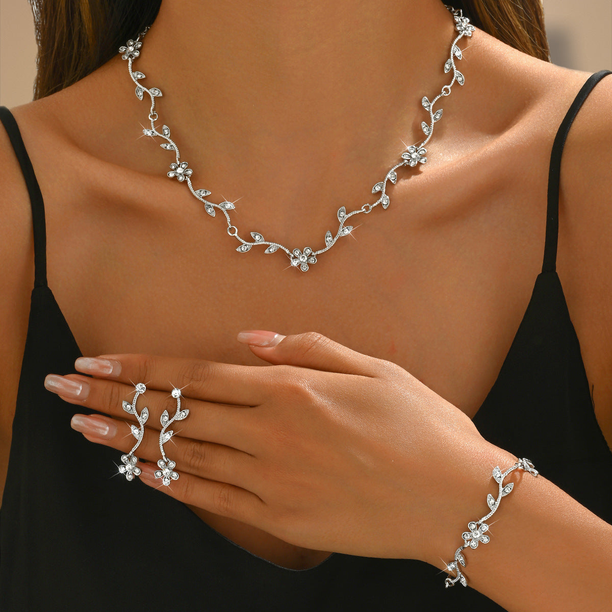 Cross-Border Necklace Earrings Bracelet Jewelry Set Plum Blossom Leaf Shape Bridal Dress Women's High-End Jewelry Set