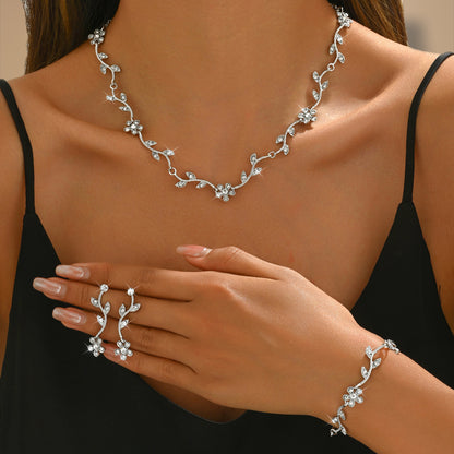 Cross-Border Necklace Earrings Bracelet Jewelry Set Plum Blossom Leaf Shape Bridal Dress Women's High-End Jewelry Set