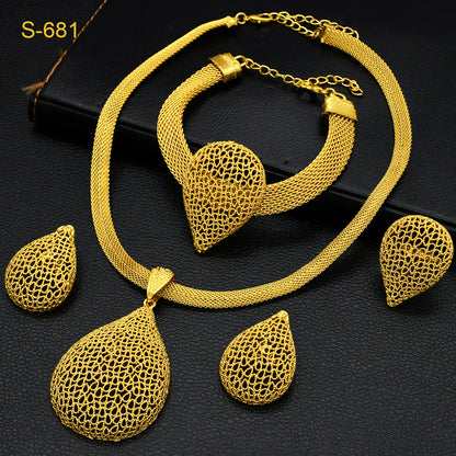 24K Gold Dubai Explosions Bride Four-piece Flower Rhinestone Jewelry Alloy Necklace Bracelet Earrings Ring