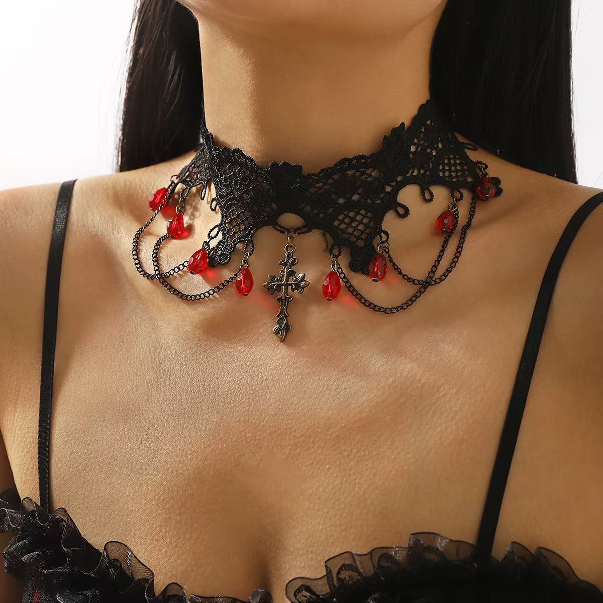 European and American Cross-Border Jewelry Gothic Style Halloween Cross Gemstone Necklace Niche Lace Tassel Necklace Accessories