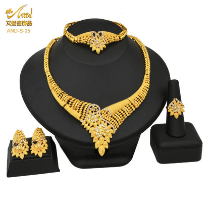 24K Gold Dubai Explosions Bride Four-piece Flower Rhinestone Jewelry Alloy Necklace Bracelet Earrings Ring
