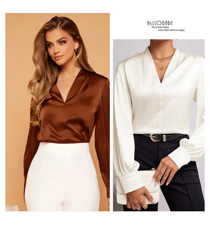 Amazon's Popular European and American V Neck Shirt Tops Spring and Summer Wish Aliexpress Ebay Long-Sleeved Satin Shirt