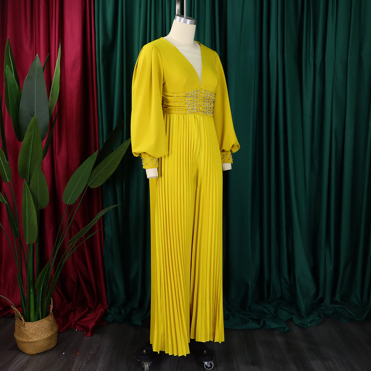 CM.YAYA Women Diamonds Long Sleeve Pleated V-neck Wide Leg Long Jumpsuits Party Beach Fashion Street Sexy Africa Outfit Rompers