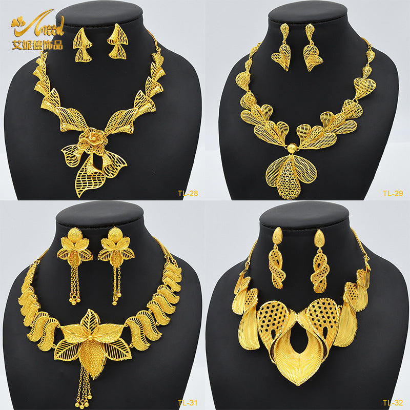 Imitation gold flower necklace earrings suit Dubai India Nigeria brass gold plated women wedding jewelry lot