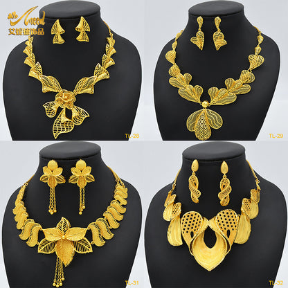 Imitation gold flower necklace earrings suit Dubai India Nigeria brass gold plated women wedding jewelry lot