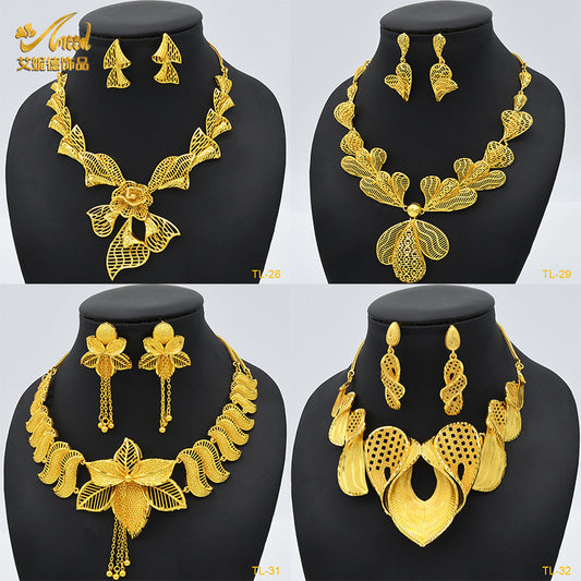 Imitation gold flower necklace earrings suit Dubai India Nigeria brass gold plated women wedding jewelry lot