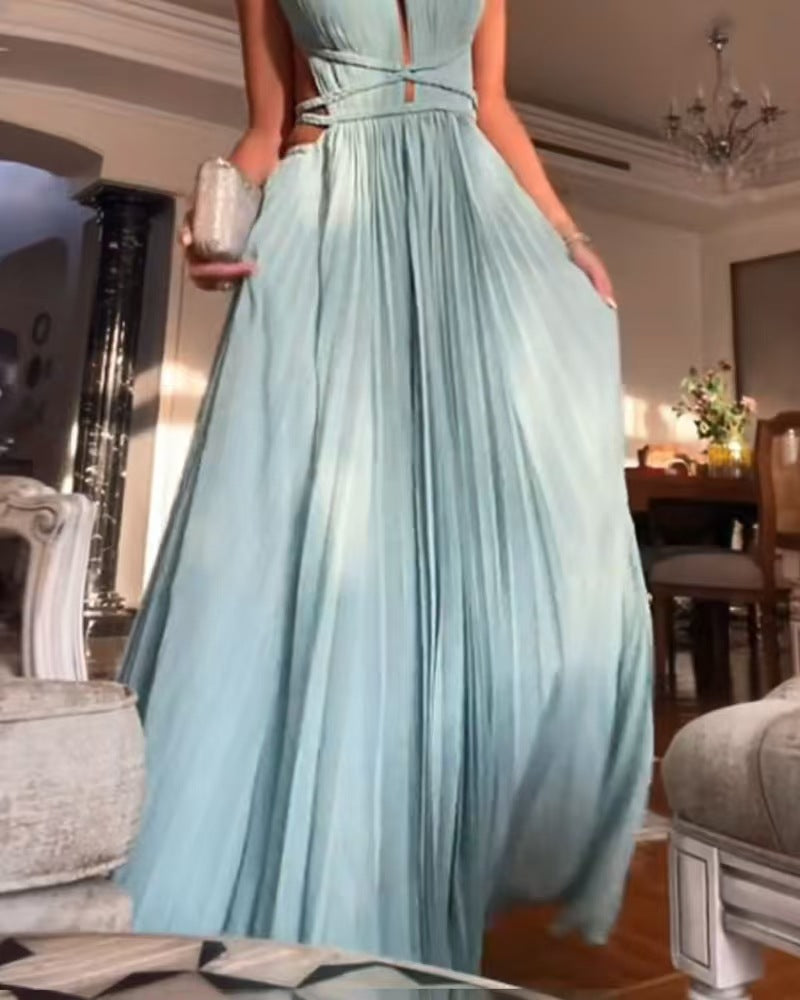 25 Summer New Amazon Cross-border Hot Sale Pleated Lace-up Sleeveless Backless Solid Color Slim-fit Large dress