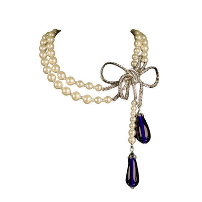Light luxury personalized bowknot dense Diamond full copper glass pearl necklace suit exquisite elegant jewelry