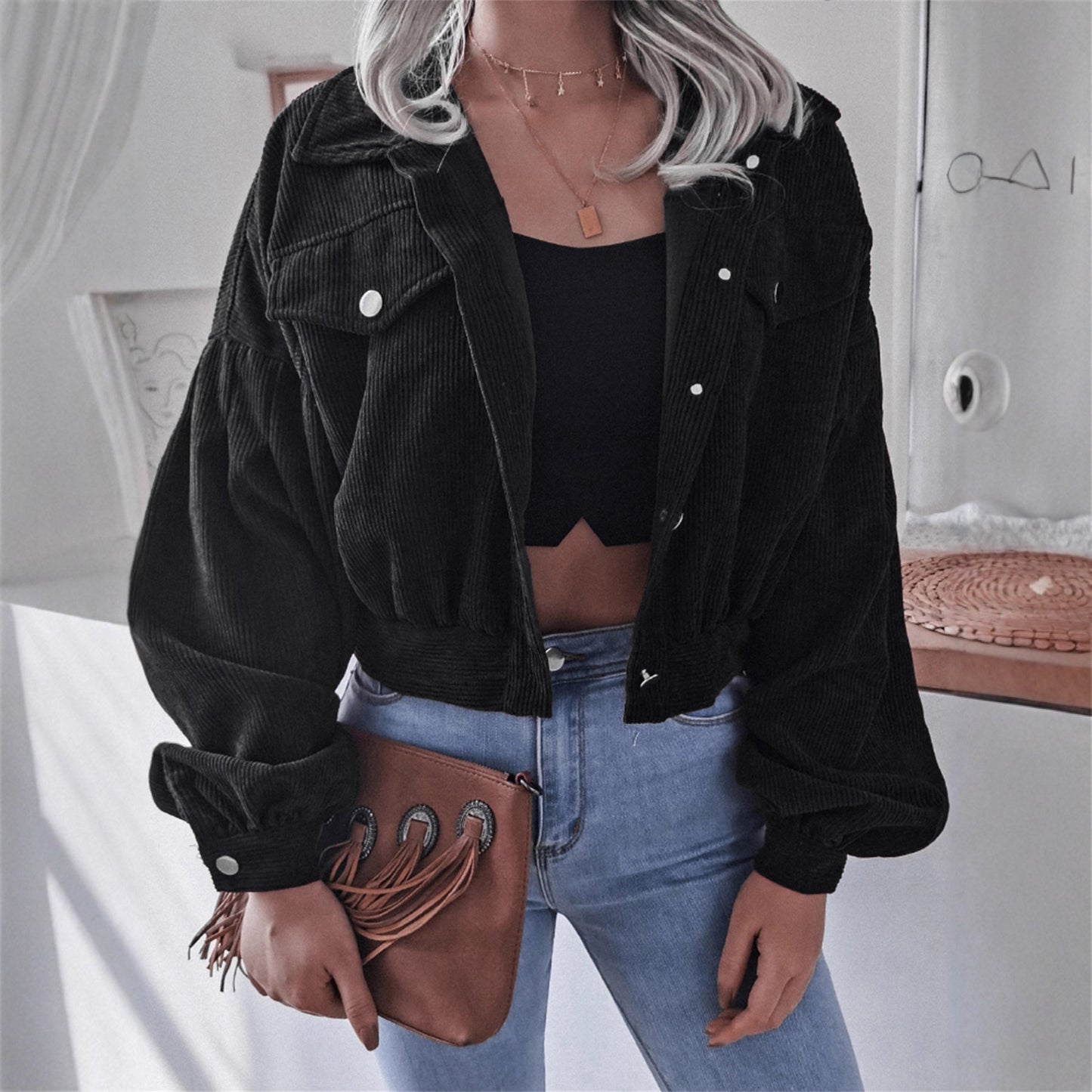 Ins Style Autumn and Winter European and American Lantern Long-Sleeved Corduroy Casual Short Outwear Jacket Amazon Hot Cross-Border Women's Clothing