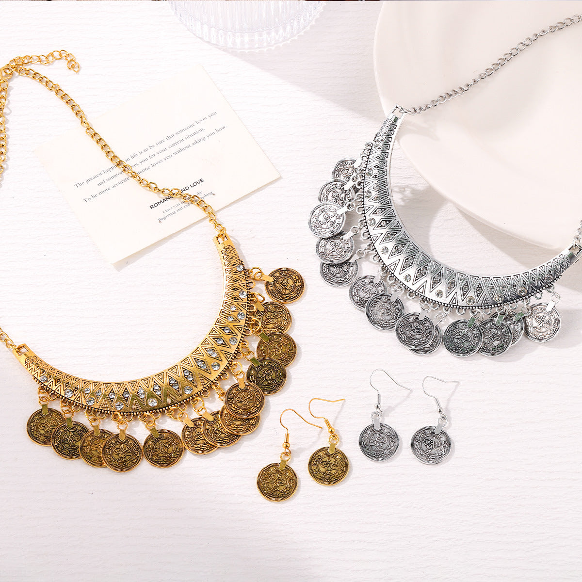 European and American Retro Fashion Golden Roman Coin Tassel Necklace Bohemian Ethnic Style Clavicle Chain Jewelry suit