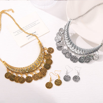 European and American Retro Fashion Golden Roman Coin Tassel Necklace Bohemian Ethnic Style Clavicle Chain Jewelry suit