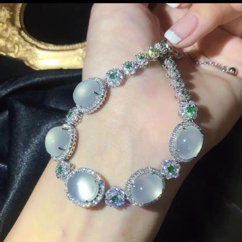 Manufacturer Wholesale High Ice Chalcedony 925 Silver Inlaid Full Diamond Bracelet Pink Agate Jade Women's Bracelet Jewelry